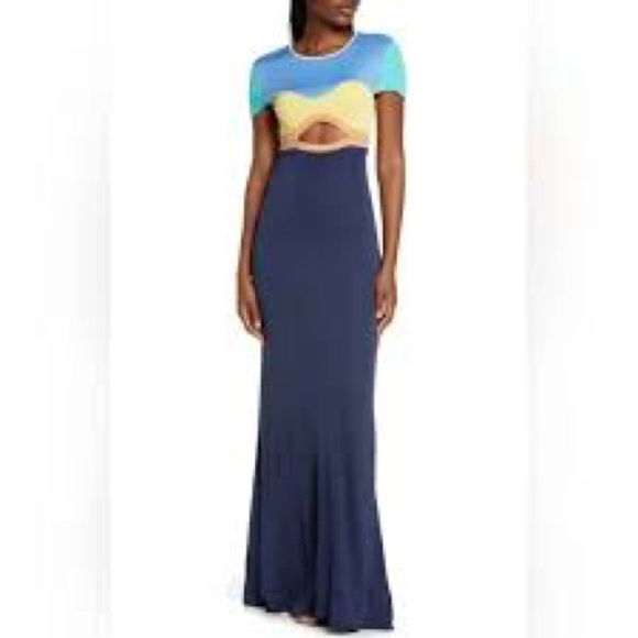NWT Staud Piera Colorblock Cutout Column Gown in Cool Ocean Multi - Picture 1 of 6